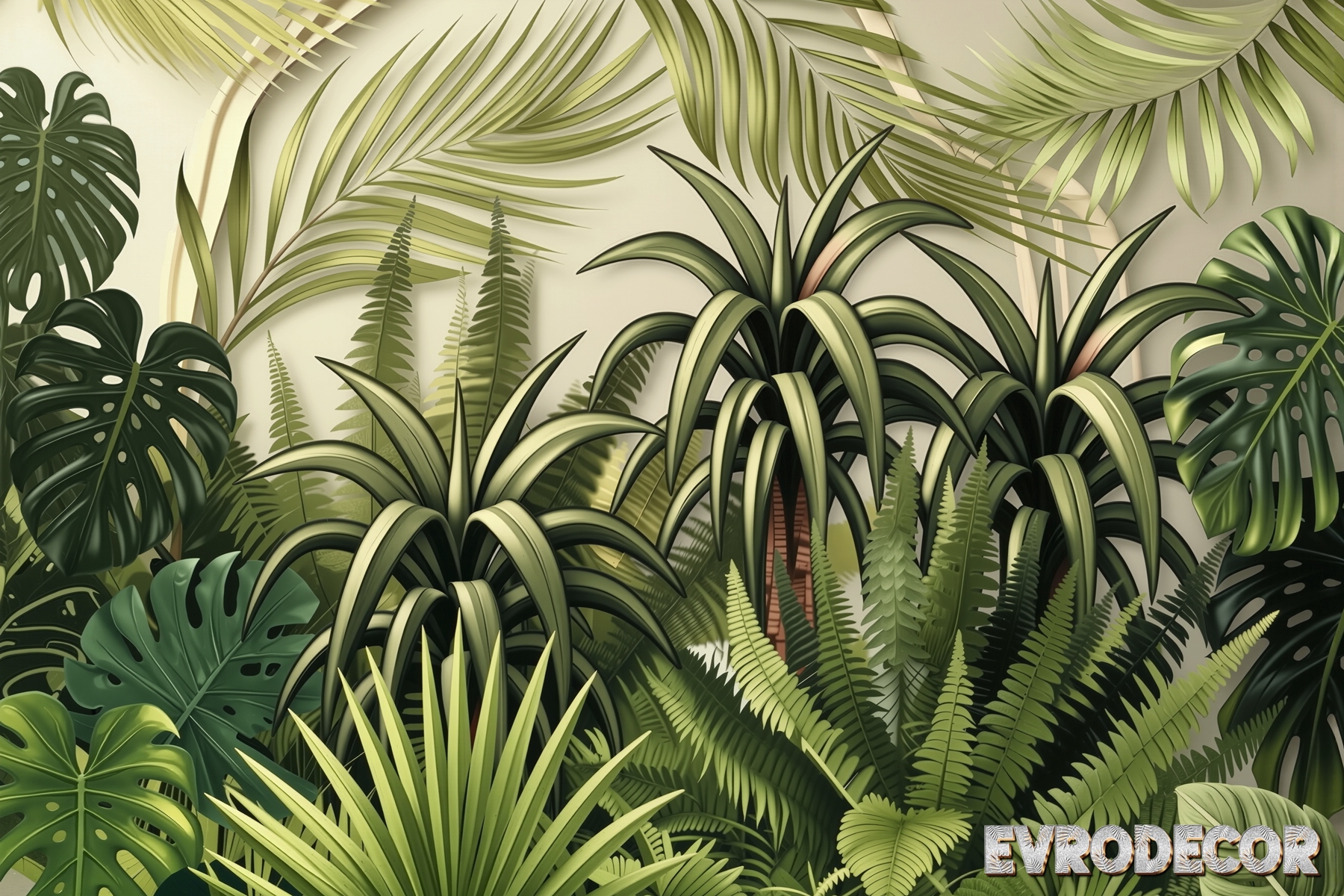 Тропически фототапет с палми и монстера в наситени зелени тонове